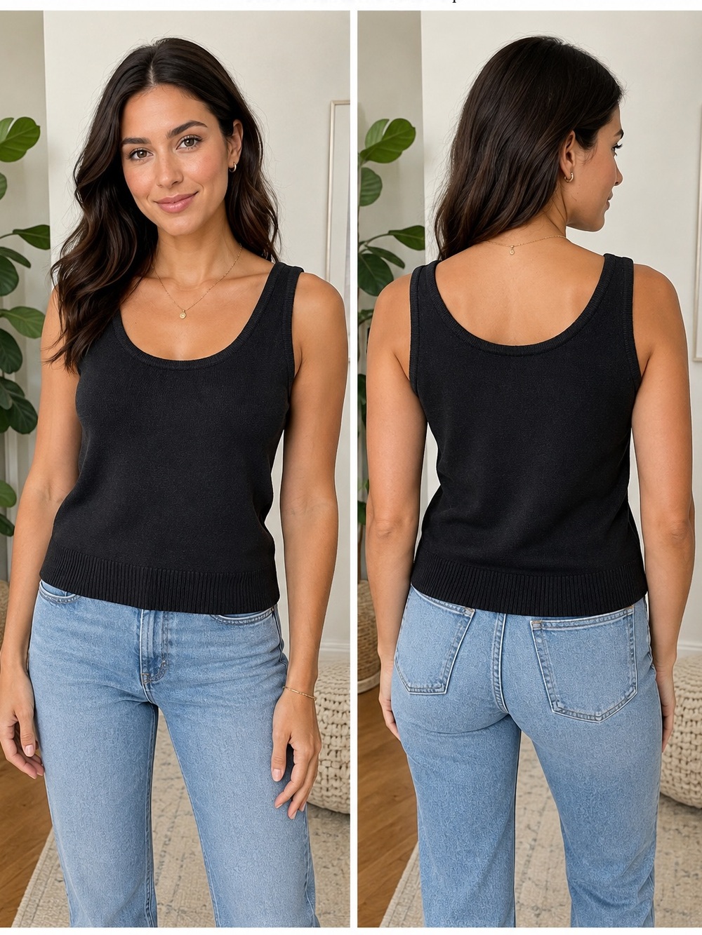 St. John Santana Black Knit Scoop Neck Tank